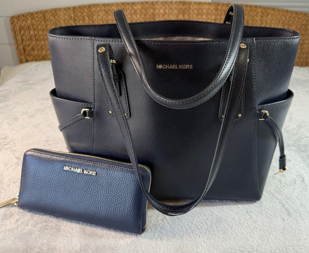 Michael Kors Gilly Navy Blue Leather Drawstring Top Zip Tote